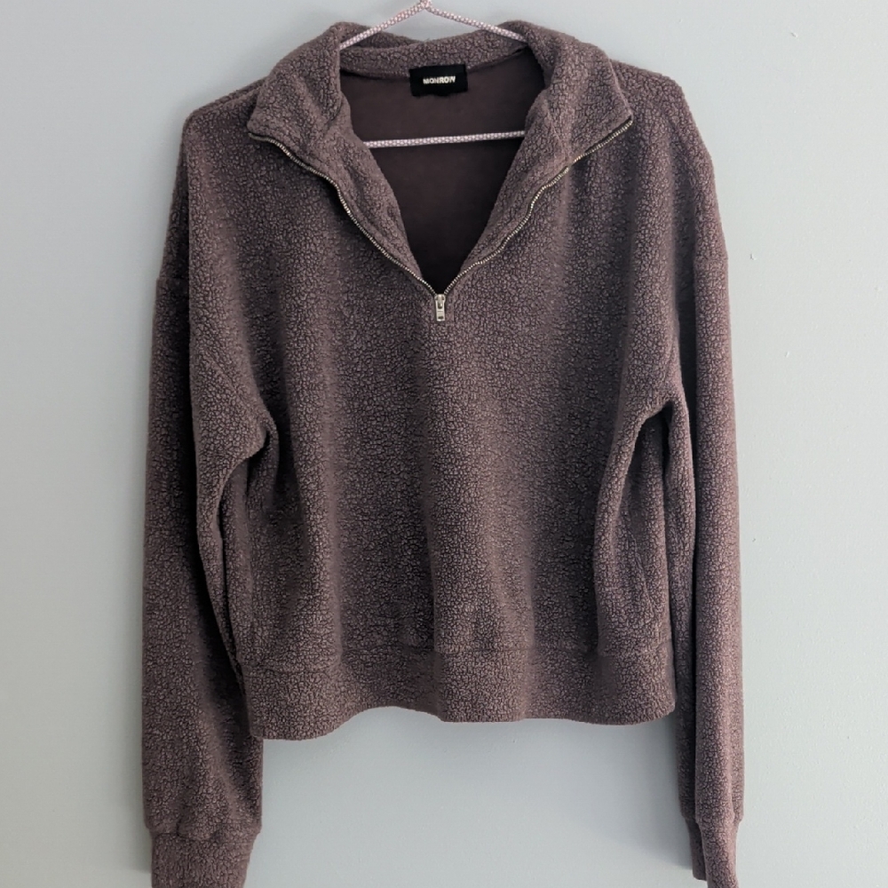 Monrow Brown Quarter-Zip Collared Cotton Blend Sweatshirt